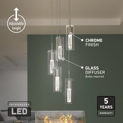 Artika Bubble Swirl 5-light LED pendant light with cylindrical glass shades, adjustable height, chrome finish, and glass diffuser.