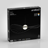 Black box packaging for an Artika Tolena LED pendant light, featuring a modern abstract light fixture design with a glowing center, product name, features, and icons for brightness, lifespan, and energy efficiency.