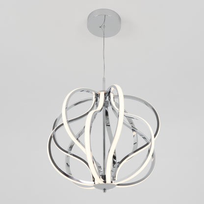 The Meridian LED pendant light by Artika features curved chrome metal bands creating an open sphere, with integrated LED strips for a soft white glow. Suspended from a round ceiling mount, it brings modern style to any space.