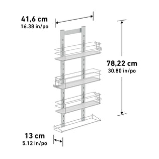 The Artika Camden Shower Caddy is a metal, wall-mounted rack with four shelves, two vertical supports, and measures 41.6 cm wide, 78.22 cm high, and 13 cm deep.