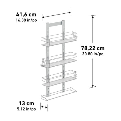The Artika Camden Shower Caddy is a metal, wall-mounted rack with four shelves, two vertical supports, and measures 41.6 cm wide, 78.22 cm high, and 13 cm deep.