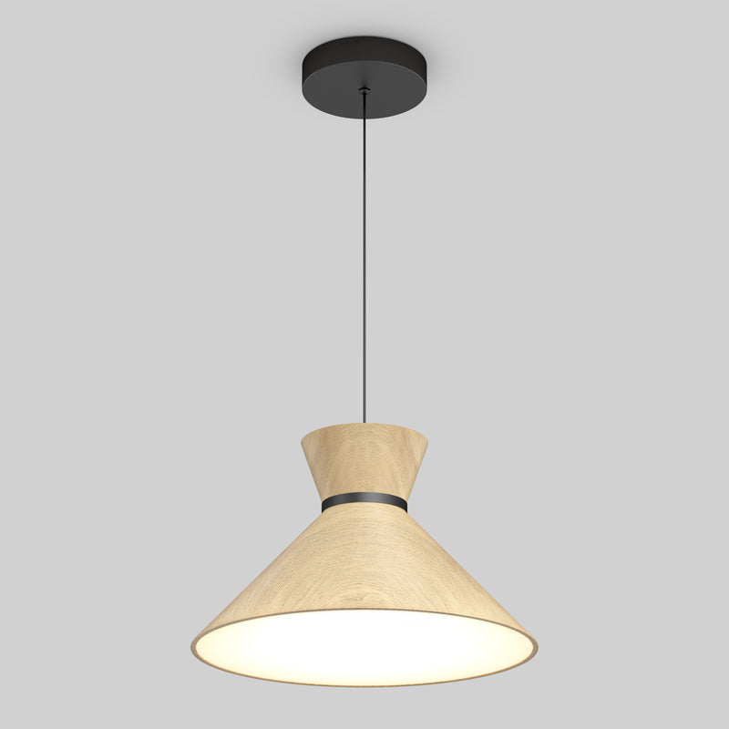 The Artika Inoa LED pendant light features a wide, cone-shaped black and wood shade suspended from a black cord and ceiling mount, offering 5 CCT options and casting a warm glow against a plain gray background.