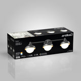A rectangular box of Artika brand Boden LED vanity light with three round black and white lights is displayed against a light gray background. The packaging shows product features and images of the light fixture.