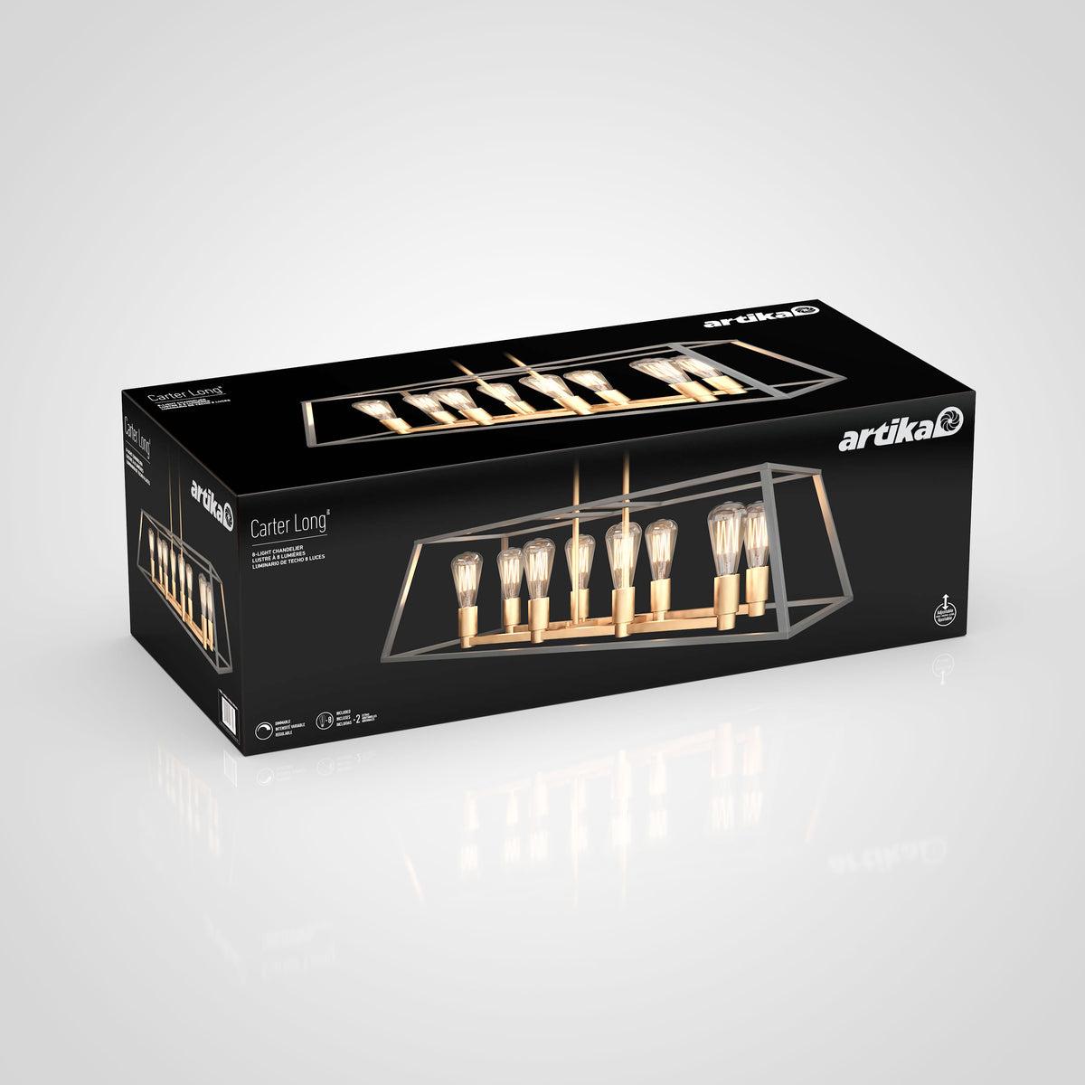 A black rectangular box labeled Artika displays an image of a modern chandelier with eight exposed light bulbs in a horizontal frame. The box is lying on a light gray surface.
