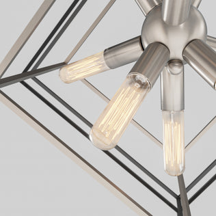 Close-up of the Artika Imperium 9-light chandelier featuring exposed Edison bulbs in a modern geometric metal frame.