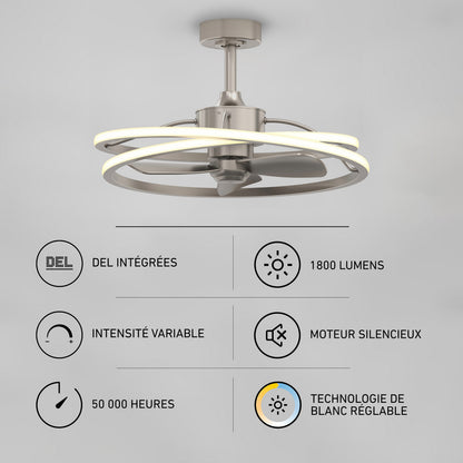 Artika Coda 23 in. LED modern ceiling fan with remote features integrated LEDs, 1800 lumens, dimmable light, silent motor, 50,000-hour lifespan, and adjustable white color technology.