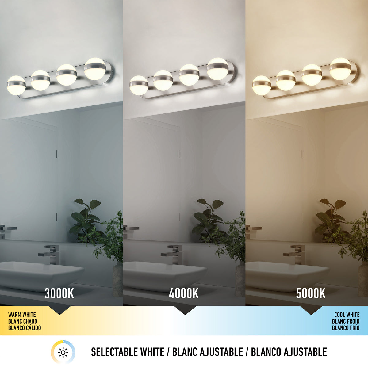 The Artika Baldric LED vanity light offers 3 color temps—3000K, 4000K, 5000K—for customizable bathroom lighting.
