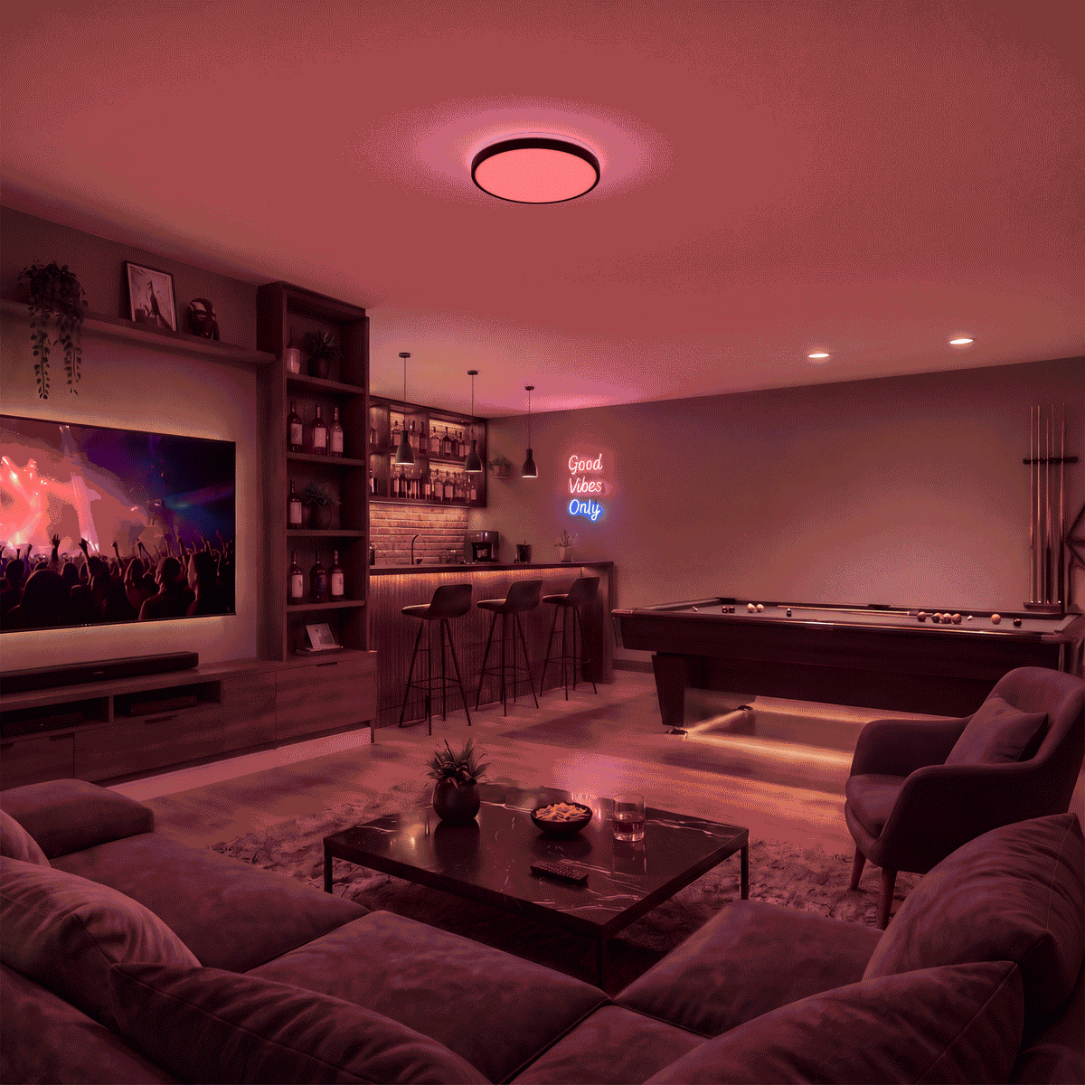 Modern game room with Isara 15 in. RGBIC LED Flush Mount by Artika, a bar, pool table, TV, neon sign, and cozy pink-lit seating.