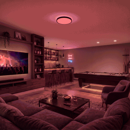 Modern game room with Isara 15 in. RGBIC LED Flush Mount by Artika, a bar, pool table, TV, neon sign, and cozy pink-lit seating.