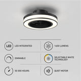Ceiling light fixture with integrated LED ring, dimmable feature, selectable white technology, 1600 lumens brightness, 50,000-hour lifespan, and a quiet motor. Icons illustrate each feature.