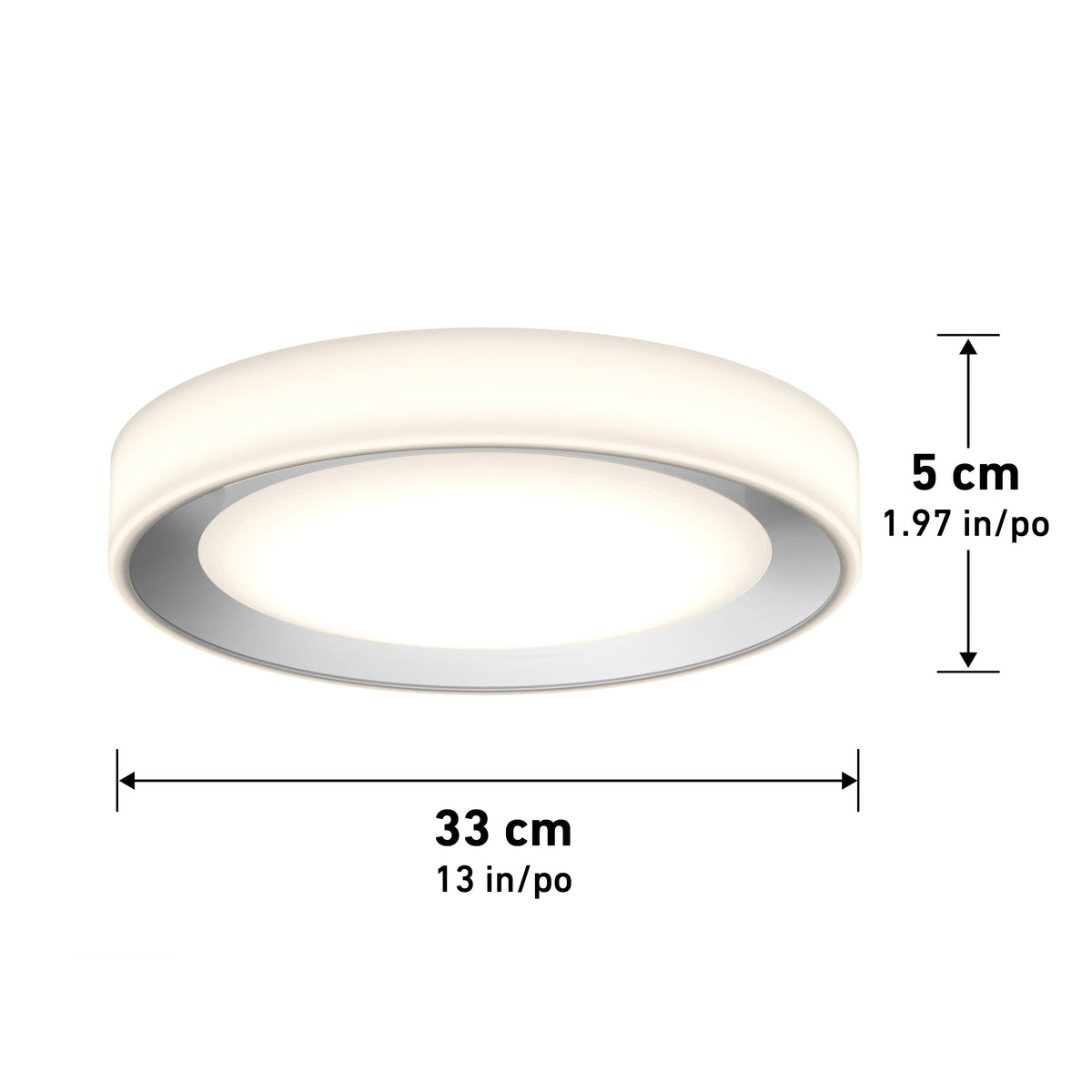 Round ceiling light fixture with a glowing white surface, measuring 33 cm (13 in) in diameter and 5 cm (1.97 in) in height. Arrows and measurement labels indicate the dimensions.