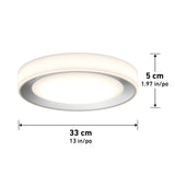 Round ceiling light fixture with a glowing white surface, measuring 33 cm (13 in) in diameter and 5 cm (1.97 in) in height. Arrows and measurement labels indicate the dimensions.