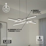 Modern LED chandelier with intersecting aluminum bars, suspended from the ceiling in a bright room. Text highlights adjustable height, energy efficiency, aluminum with chrome finish, integrated LED, and 5-year warranty.