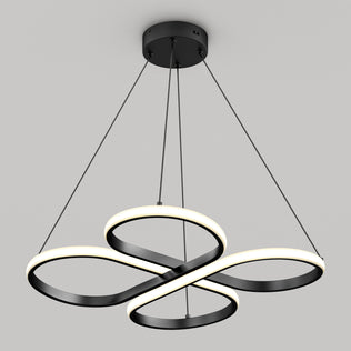 The Artika Atrium LED pendant light 5CCT features two interlocking black and white illuminated rings, suspended from the ceiling by four cables, shown against a plain gray background.