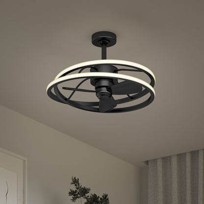The Artika Coda 23 in. LED modern ceiling fan features black blades and dual circular LED rings, and comes with a remote—perfect for contemporary rooms with neutral walls, framed art, and curtains.