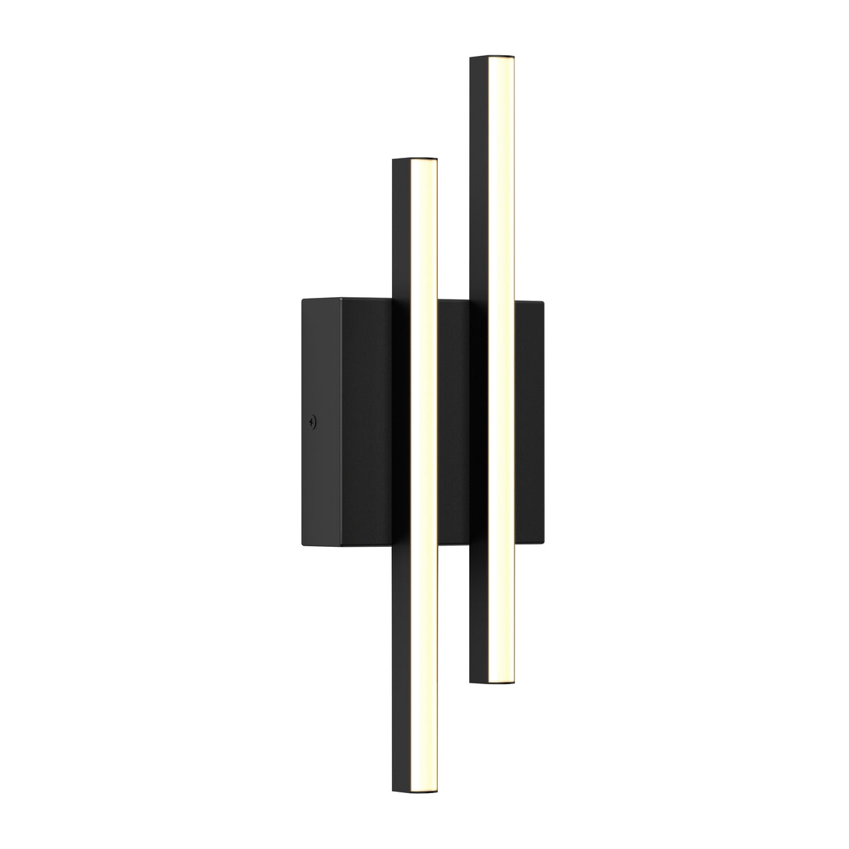 Modern black wall sconce with two parallel vertical LED light bars mounted on a rectangular base, shown against a white background.