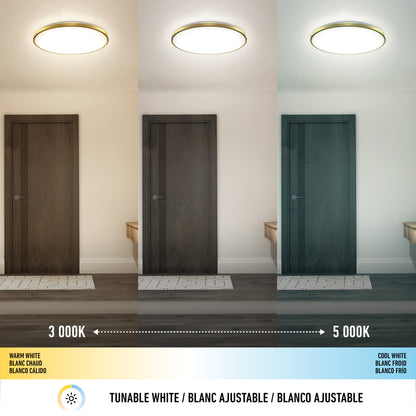 Three side-by-side images show a room lit by the Artika Europa 21 in. LED modern flush mount light, with adjustable color temperatures from warm white (3000K) to cool white (5000K), using a remote and slider for easy control.