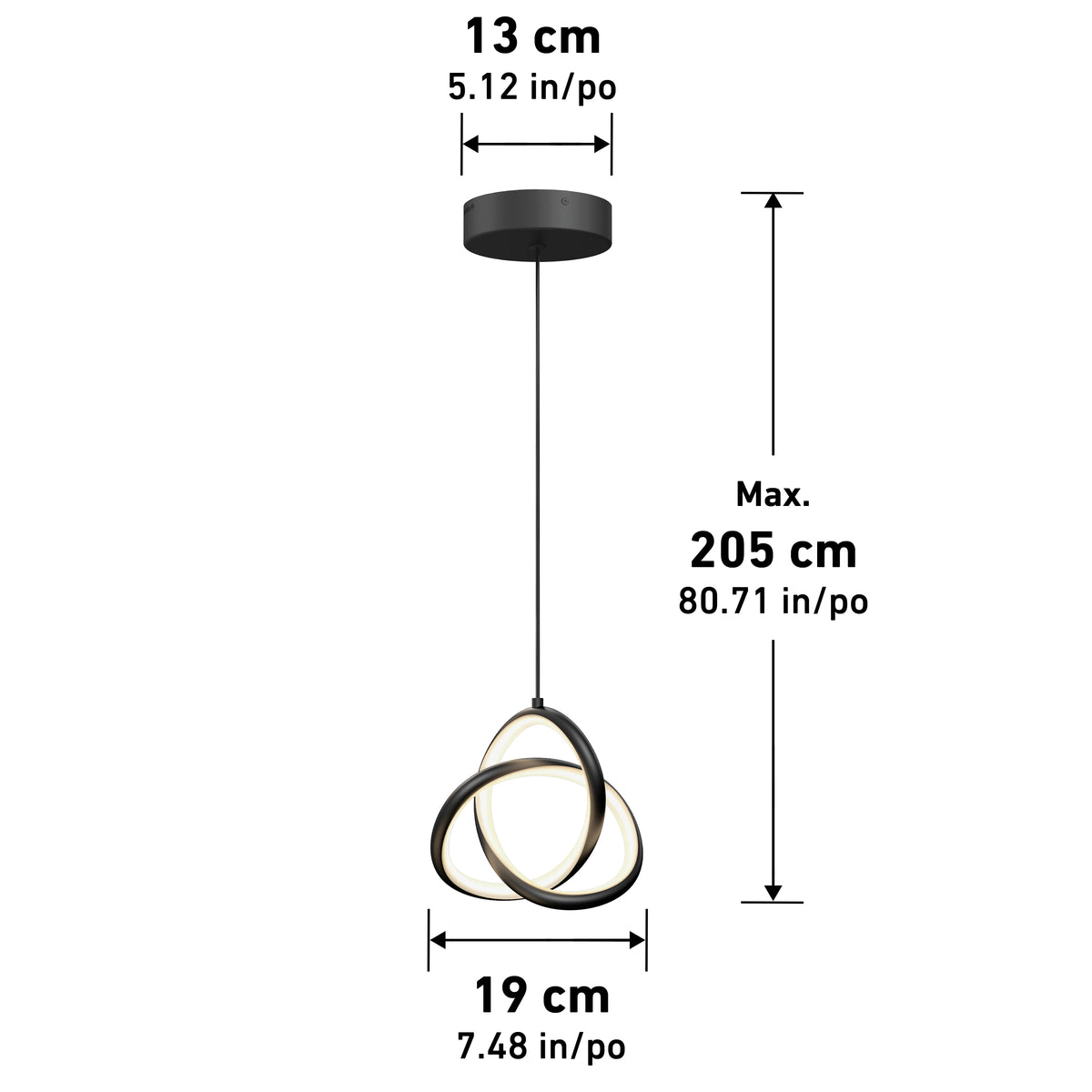 Modern pendant light with a black circular ceiling mount (13 cm wide) and a twisted LED design (19 cm wide), hanging from a cord with an adjustable maximum length of 205 cm. Measurements shown in cm and inches.