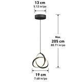 Modern pendant light with a black circular ceiling mount (13 cm wide) and a twisted LED design (19 cm wide), hanging from a cord with an adjustable maximum length of 205 cm. Measurements shown in cm and inches.