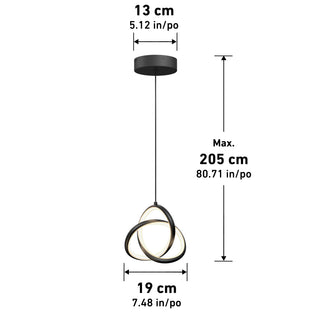 The Zephyr LED pendant by Artika features interlocking rings, a black circular 13 cm ceiling mount, pendant width of 19 cm, and a max hanging length of 205 cm, all suspended from a cord for a modern look.