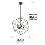 Modern pendant chandelier with geometric metal frame, featuring gold and black finishes. Max height is 185.5 cm (73.03 in), width is 66.1 cm (26.02 in). Four bulb sockets are visible inside the frame.