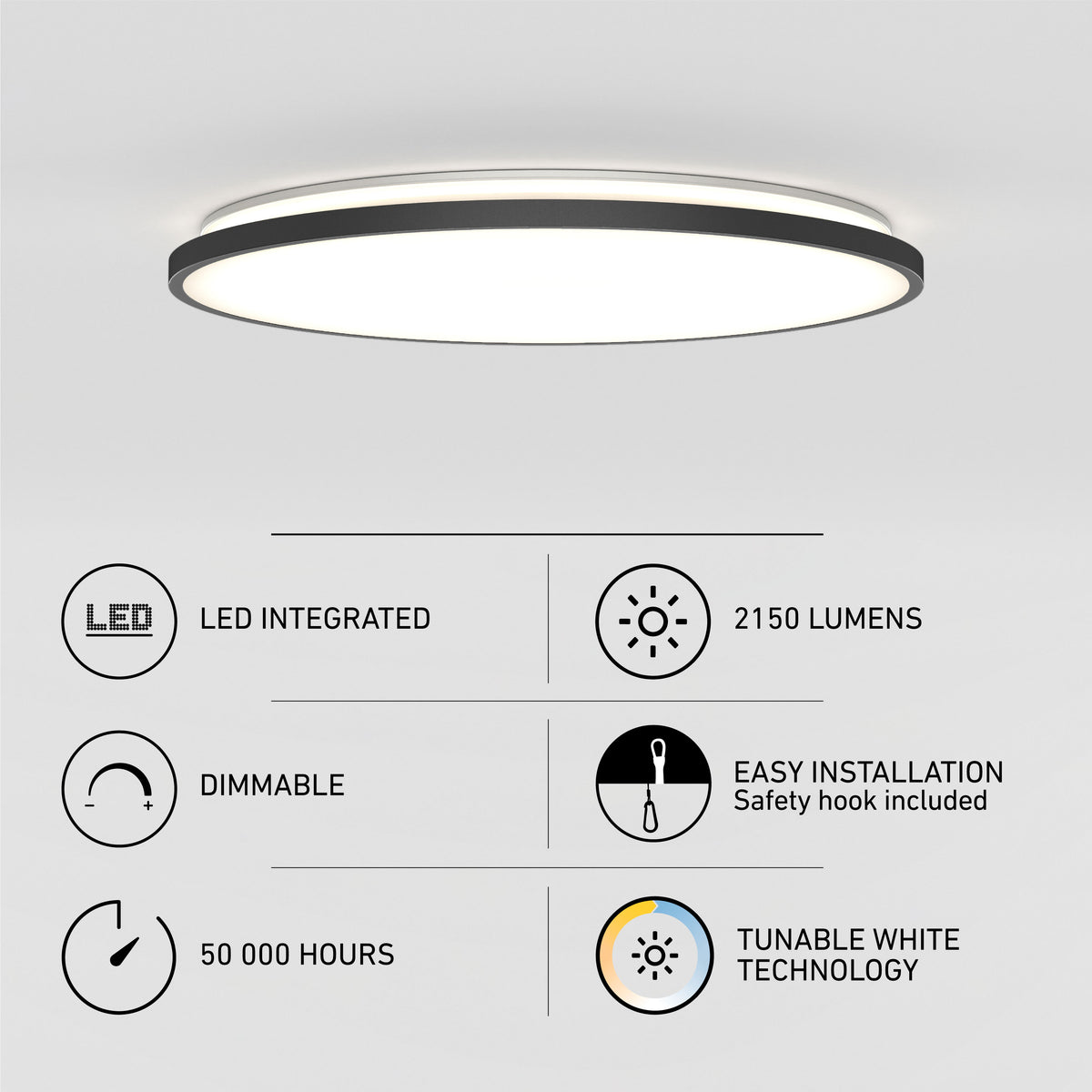 Round LED ceiling light fixture with icons and text highlighting features: LED integrated, dimmable, 50,000-hour lifespan, 2150 lumens, easy installation with safety hook, and tunable white technology.