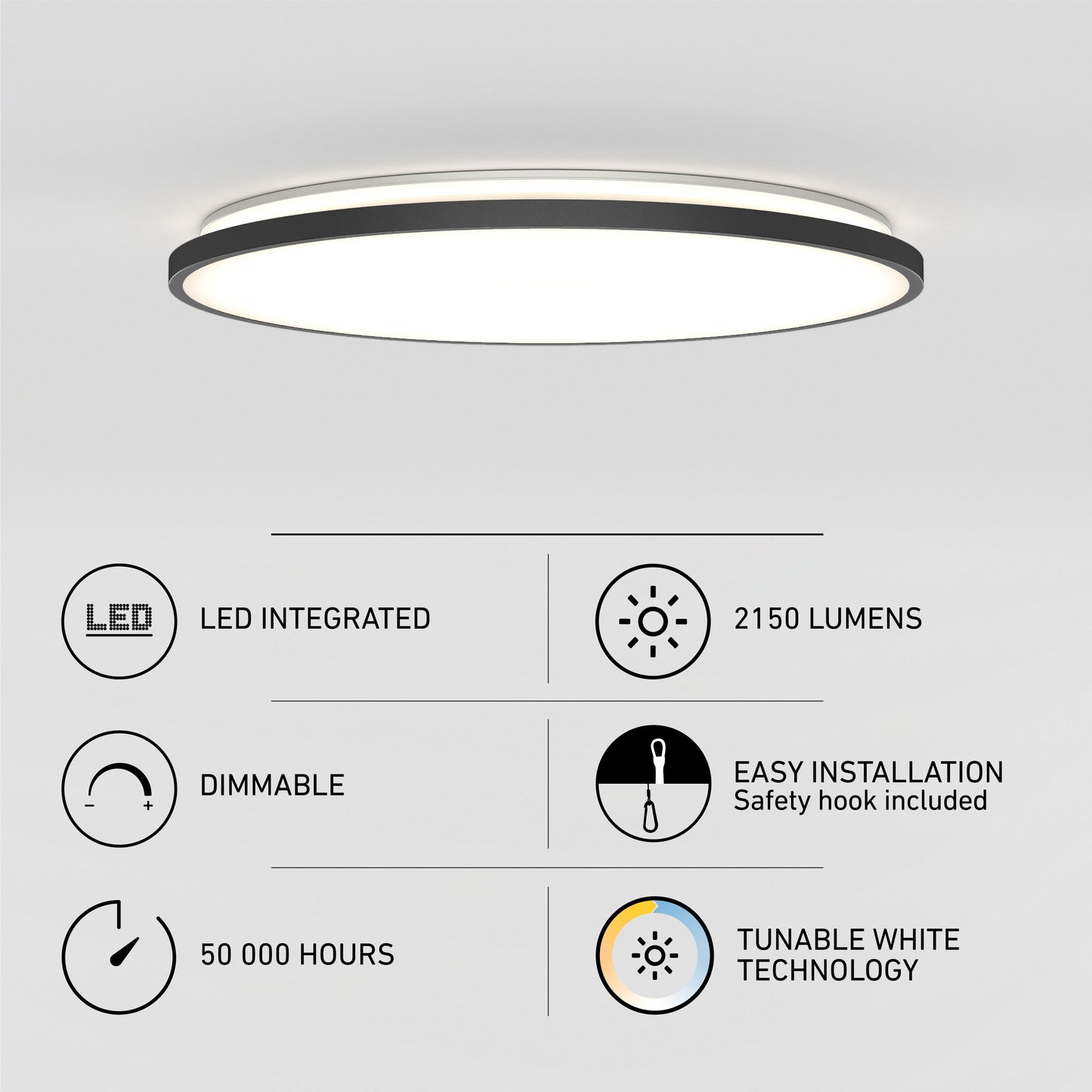 The Artika Europa 21 in. LED modern flush mount light, shown above icons and text, features integrated LEDs, 2150 lumens, dimmable settings, easy installation, a 50,000-hour lifespan, tunable white tech, and includes a remote.