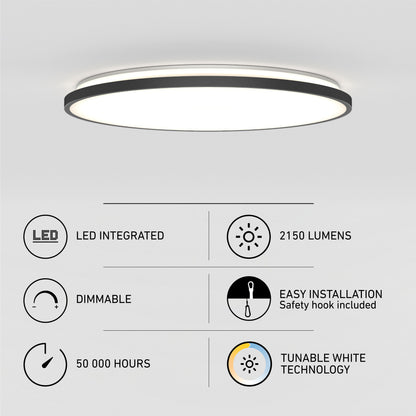 The Artika Europa 21 in. LED modern flush mount light, shown above icons and text, features integrated LEDs, 2150 lumens, dimmable settings, easy installation, a 50,000-hour lifespan, tunable white tech, and includes a remote.