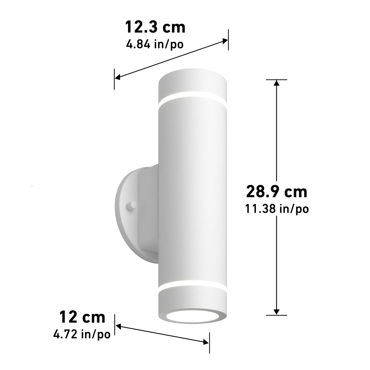 The Artika C7 indoor-outdoor LED wall light 3 CCT is a cylindrical white fixture measuring 28.9 cm (11.38 in) high, 12 cm (4.72 in) wide, and 12.3 cm (4.84 in) deep.