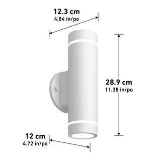 The Artika C7 indoor-outdoor LED wall light 3 CCT is a cylindrical white fixture measuring 28.9 cm (11.38 in) high, 12 cm (4.72 in) wide, and 12.3 cm (4.84 in) deep.
