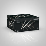 Black box packaging for Artikas Malibu LED chandelier, featuring an image of the modern, angular light fixture with glowing LED tubes displayed on the front and top of the box.
