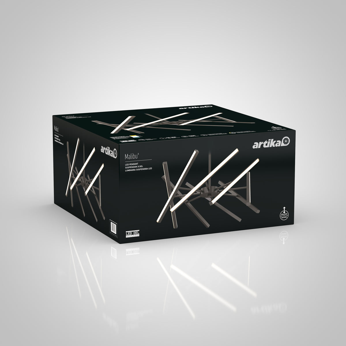 A black box displays the Artika Malibu LED pendant light 3 CCT, showcasing intersecting light bars on the packaging with product images and branding set against a gray gradient background.