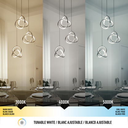 Three pendant lights hang over a dining table set with plates and glasses, shown under three different white light temperatures: 3000K (warm), 4000K (neutral), and 5000K (cool), with labels and a color scale below.
