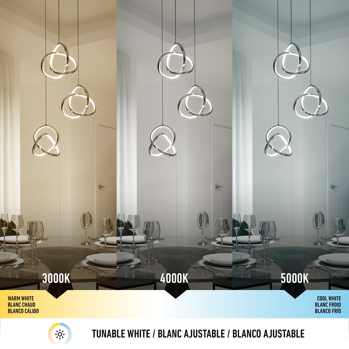 Comparison of the Artika Zephyr 3-light LED pendant over a dining table, displaying three color temperatures: warm white (3000K), neutral white (4000K), and cool white (5000K), each creating a unique ambiance in the room.
