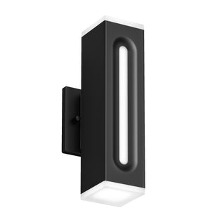 The Artika Linea Square LED indoor-outdoor wall light features a modern rectangular black design with a vertical frosted center panel, illuminated ends, and is mounted on a square base. Offers 3 selectable color temperatures (CCT).