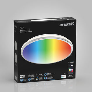Artika Macy 15" LED RGB WiFi flush mount light with app control and Alexa compatibility shown on the packaging.