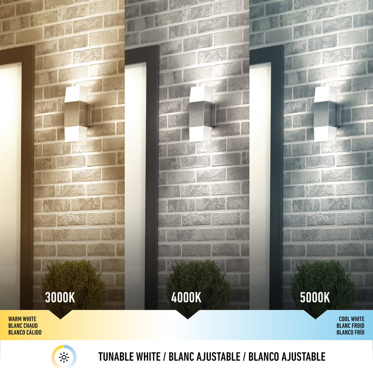 Three exterior wall lights illuminate a brick wall and shrub, each showing different color temperatures: 3000K (warm white), 4000K (neutral white), and 5000K (cool white). Labels and color gradient are shown below.