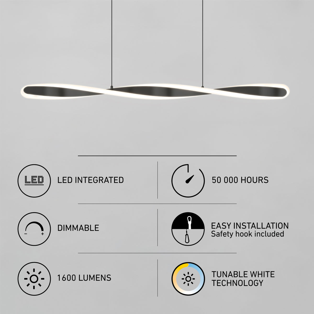 Modern LED pendant light with a sleek curved design is shown above feature icons highlighting LED integration, 50,000-hour lifespan, dimmable function, easy installation, 1600 lumens, and tunable white technology.