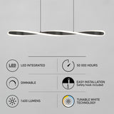 Modern LED pendant light with a sleek curved design is shown above feature icons highlighting LED integration, 50,000-hour lifespan, dimmable function, easy installation, 1600 lumens, and tunable white technology.