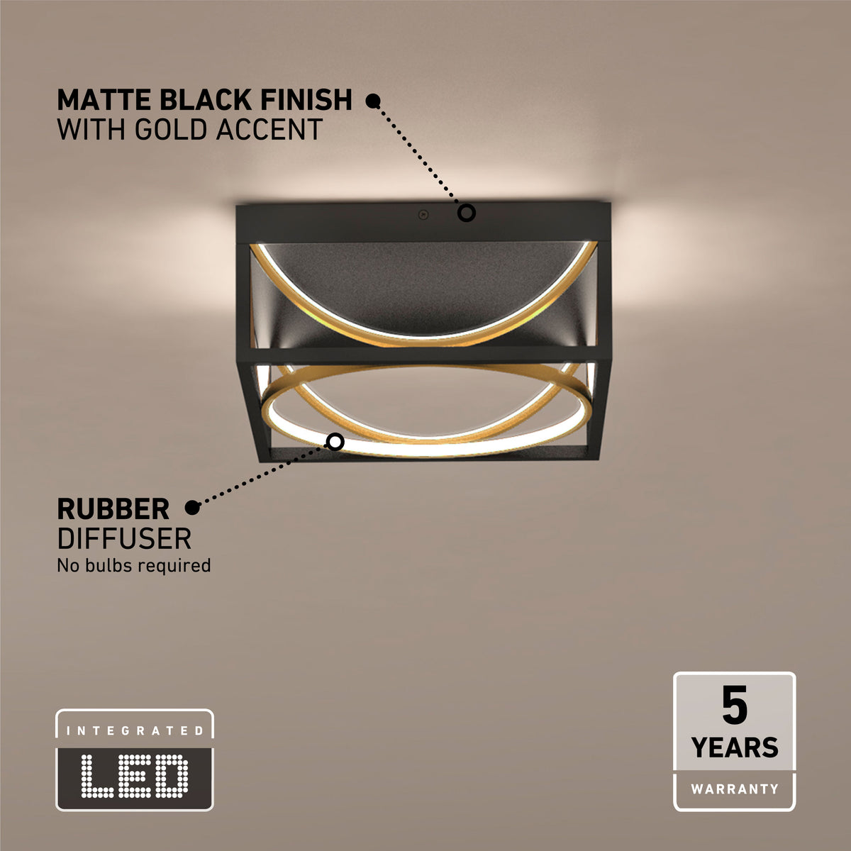 A modern ceiling LED light with a matte black finish and gold accent, featuring a rubber diffuser. Text highlights: no bulbs required, 5-year warranty, and integrated LED. Light is on against a beige wall.