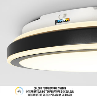 Close-up of the Artika Altitude 15 in. LED modern flush mount light with a 5 CCT color temperature switch, showing adjustable settings. Text below reads Colour Temperature Switch in English, French, and Spanish.