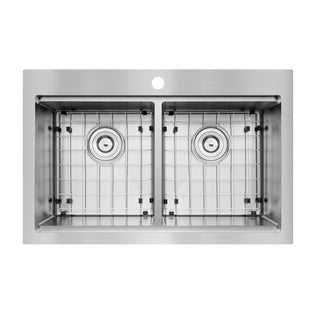 A top-down view of the Artika Newport twin bowl 33 in. stainless steel workstation sink, featuring protective grids and a central faucet hole above the divider.