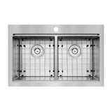 Top view of a stainless steel double bowl kitchen sink with metal grids at the bottom of each basin. The sink features a single faucet hole at the back center.