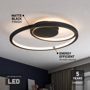 Artika Salto 14 in. Modern LED Flush Mount Ceiling Light with two matte black rings, integrated LEDs, energy efficiency, and a 5-year warranty.