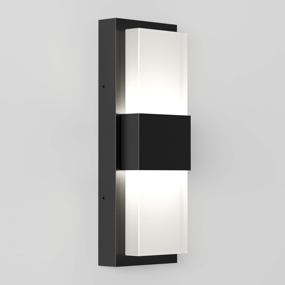 A modern wall-mounted light fixture with a rectangular black base and two frosted glass panels that emit light from both the top and bottom. The design is sleek and minimalistic against a light gray wall.