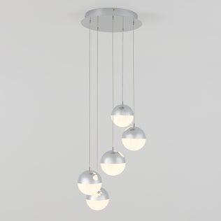 The Artika Sparkle 5-light LED pendant features five spherical silver and white lamps suspended at varied lengths from a round ceiling mount, offering a modern design against a plain white background.