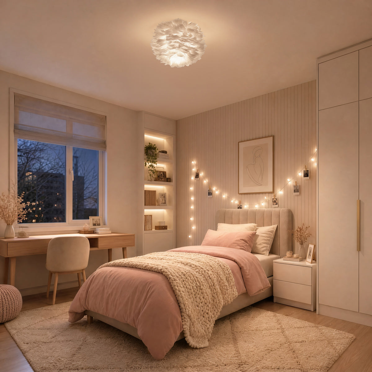 Cozy bedroom with a pink bed, string lights, desk, shelves, and the Artika Plume 12 in. Modern LED Flush Mount for gentle illumination.