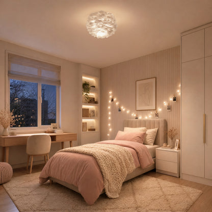 Cozy bedroom with a pink bed, string lights, desk, shelves, and the Artika Plume 12 in. Modern LED Flush Mount for gentle illumination.