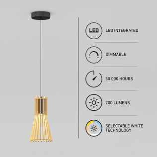 Artika Kiyo modern LED pendant light with a slatted design, 700-lumen output, 50,000-hour lifespan, and 3 selectable color temperatures.