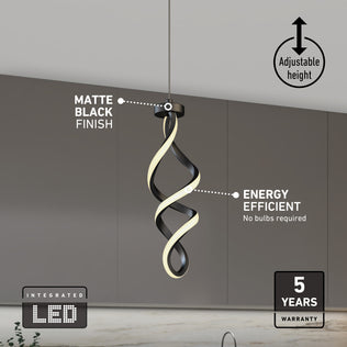 The Artika Mini Swirl LED pendant light features a matte black twisted design, adjustable height, integrated energy-efficient LEDs (no bulbs needed), and comes with a 5-year warranty.